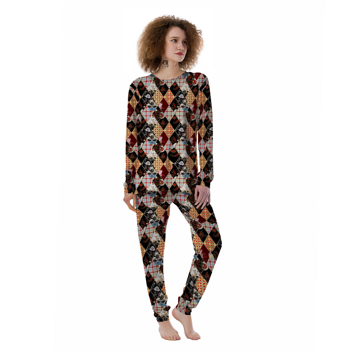 Abstract Patchwork Floral Print Pattern Women's Pajamas-grizzshop
