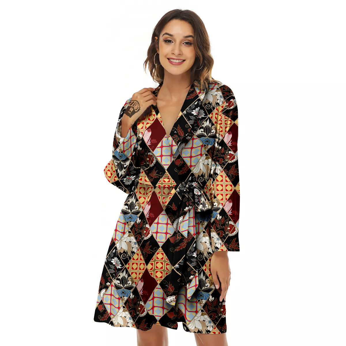 Abstract Patchwork Floral Print Pattern Women's Robe-grizzshop