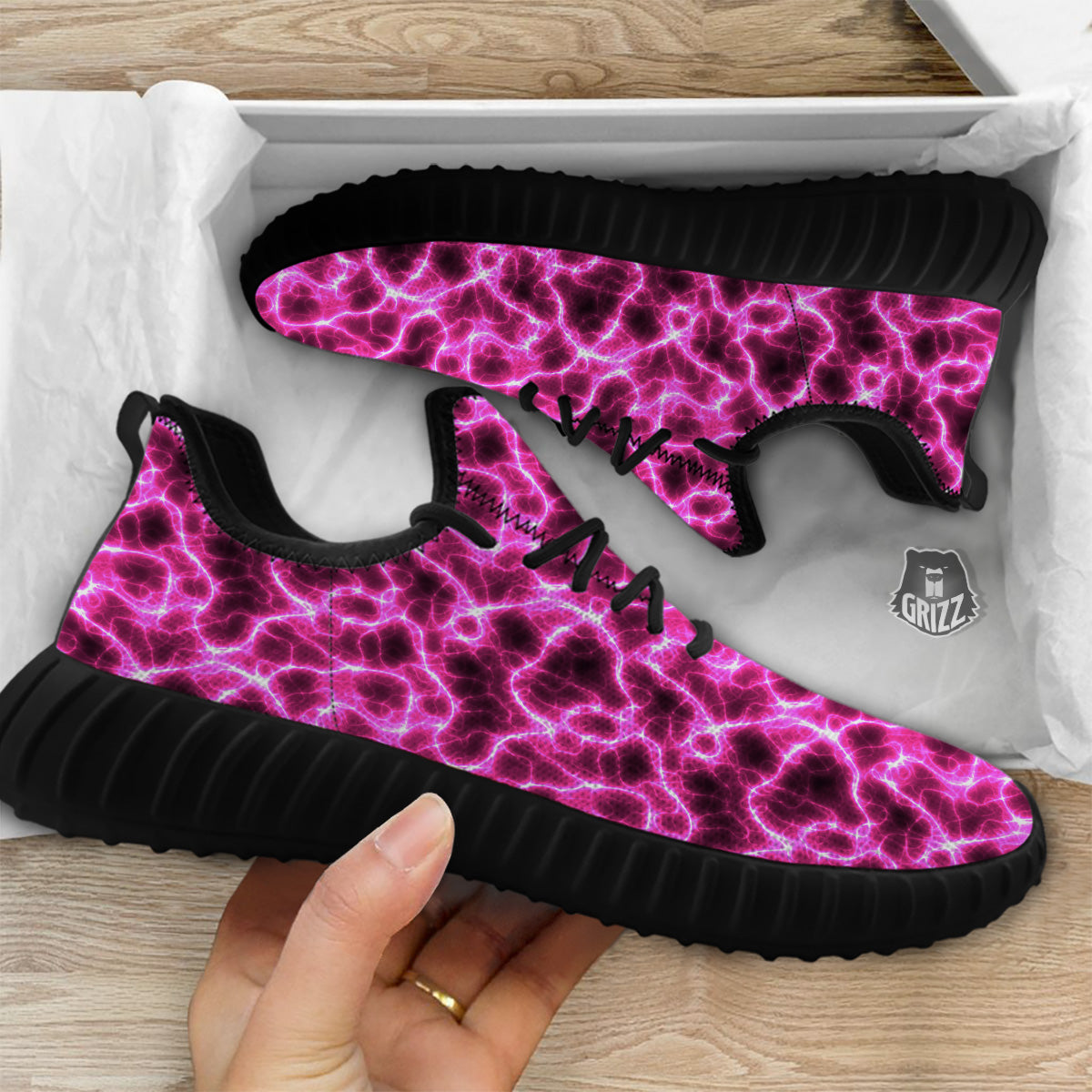 Abstract Pink Electrical Sparks Print Pattern Black Walking Shoes-grizzshop
