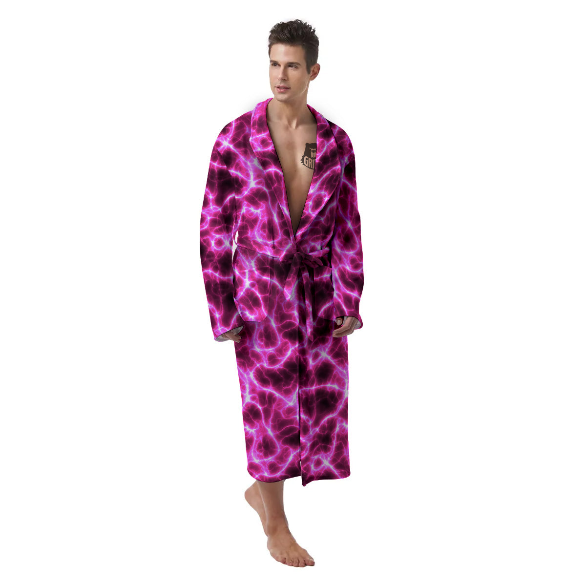 Abstract Pink Electrical Sparks Print Pattern Men's Robe-grizzshop