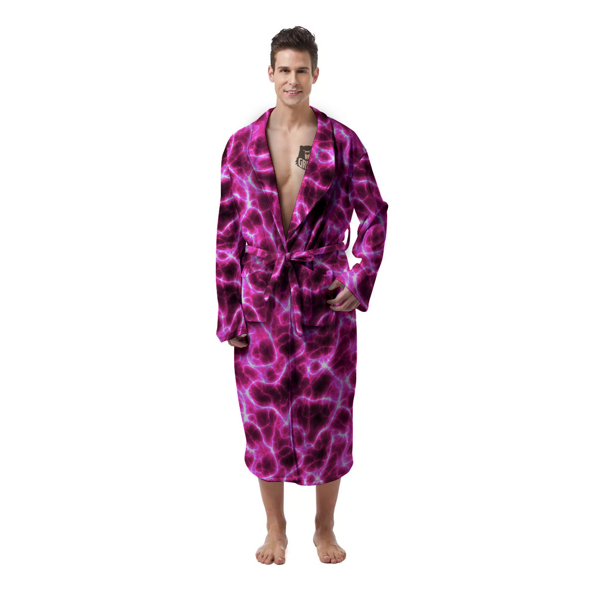 Abstract Pink Electrical Sparks Print Pattern Men's Robe-grizzshop