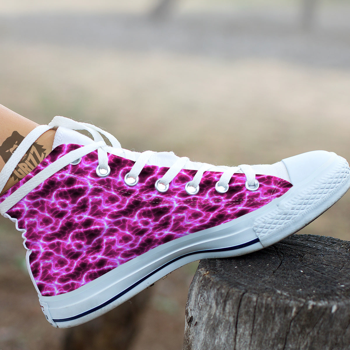 Abstract Pink Electrical Sparks Print Pattern White High Top Shoes-grizzshop
