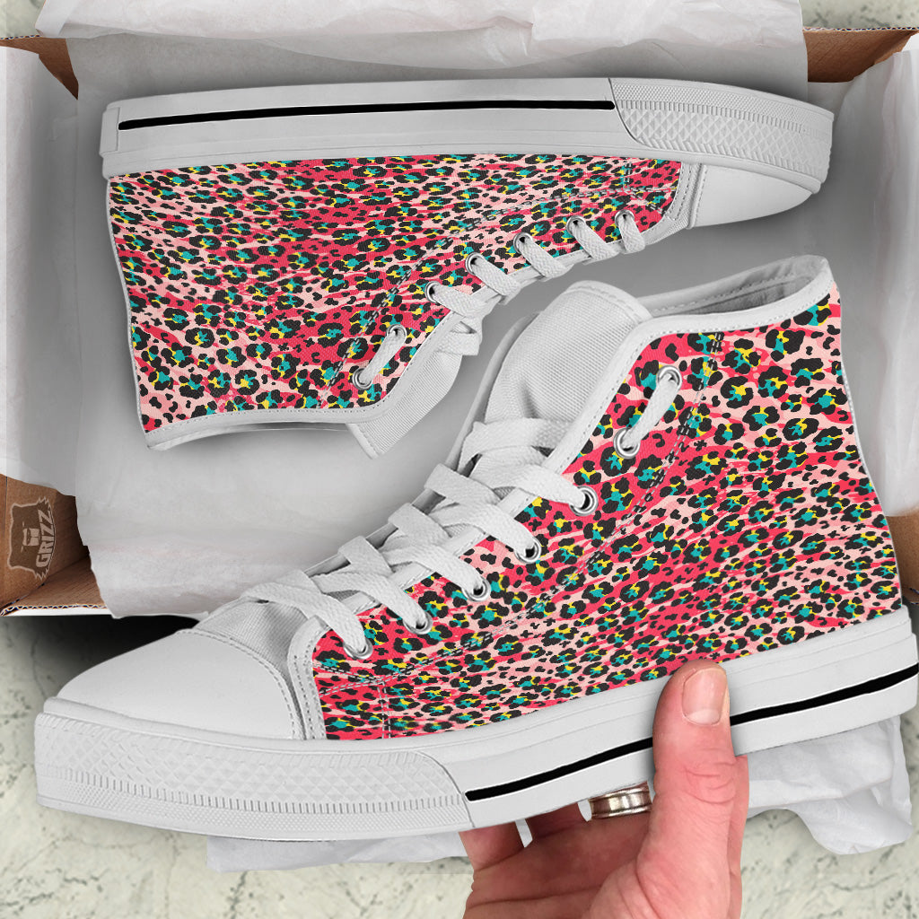 Abstract Pink Leopard Skin Print Pattern White High Top Shoes-grizzshop