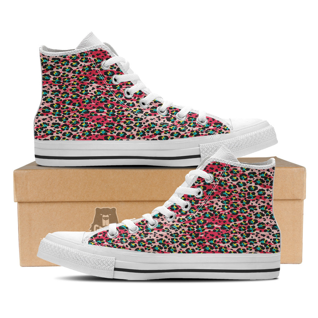 Abstract Pink Leopard Skin Print Pattern White High Top Shoes-grizzshop