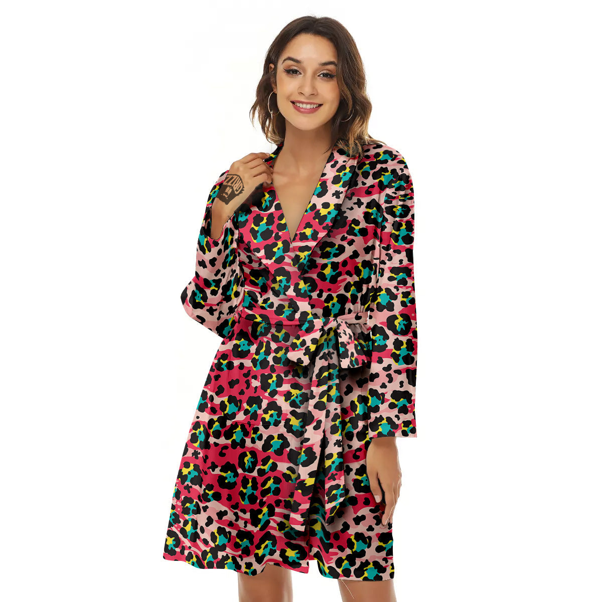 Abstract Pink Leopard Skin Print Pattern Women's Robe-grizzshop