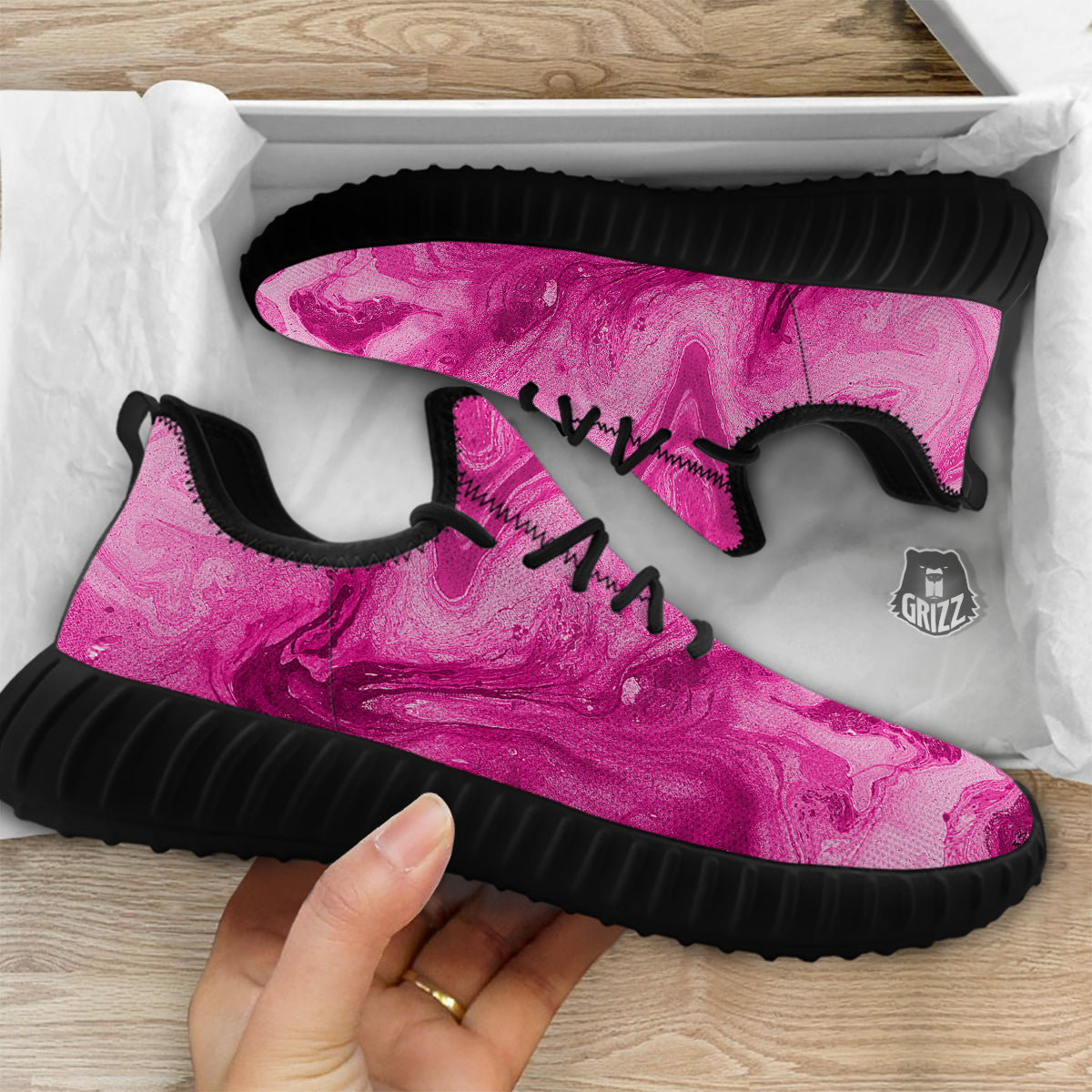 Abstract Pink Marble Print Black Walking Shoes-grizzshop
