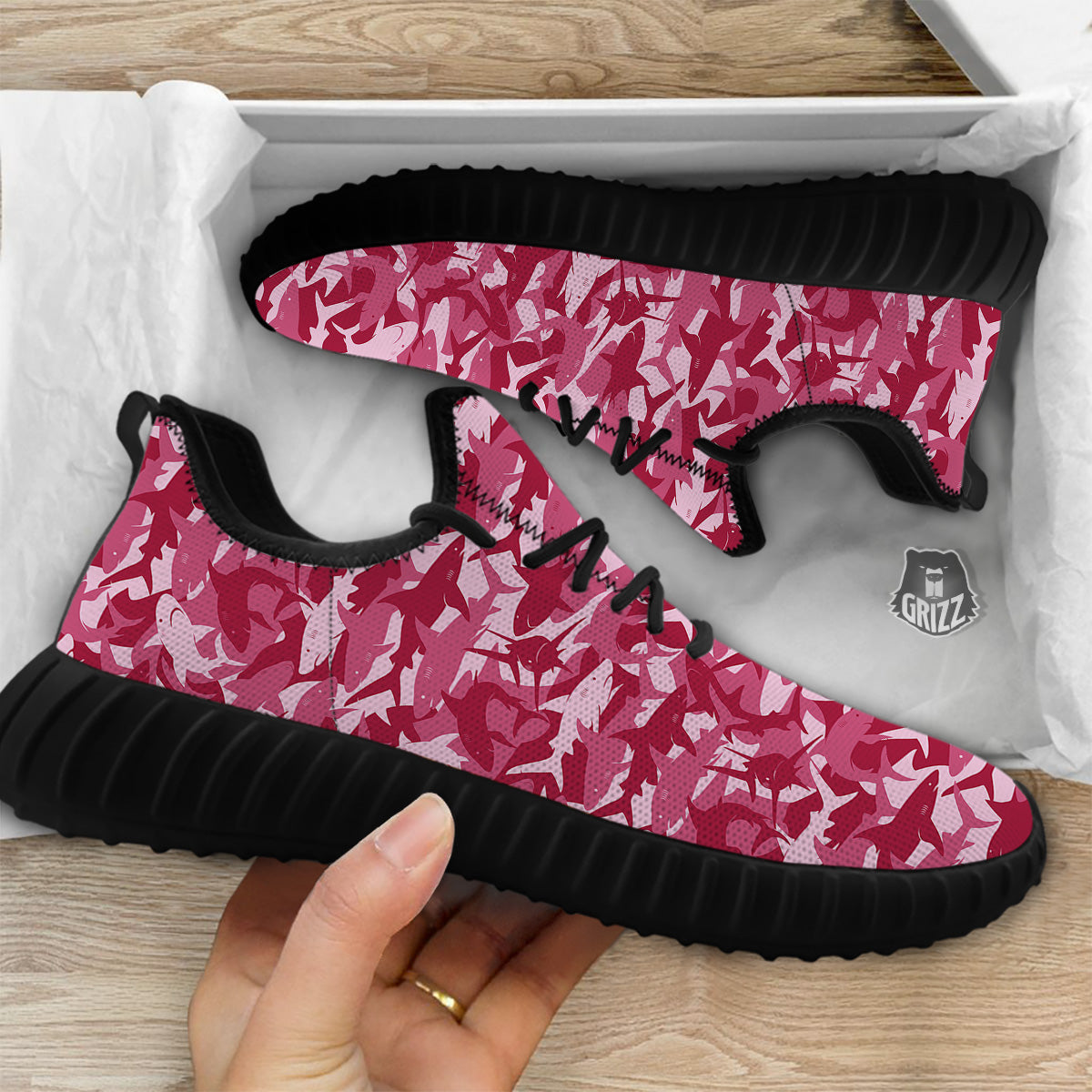 Abstract Pink Shark Camo Print Pattern Black Walking Shoes-grizzshop