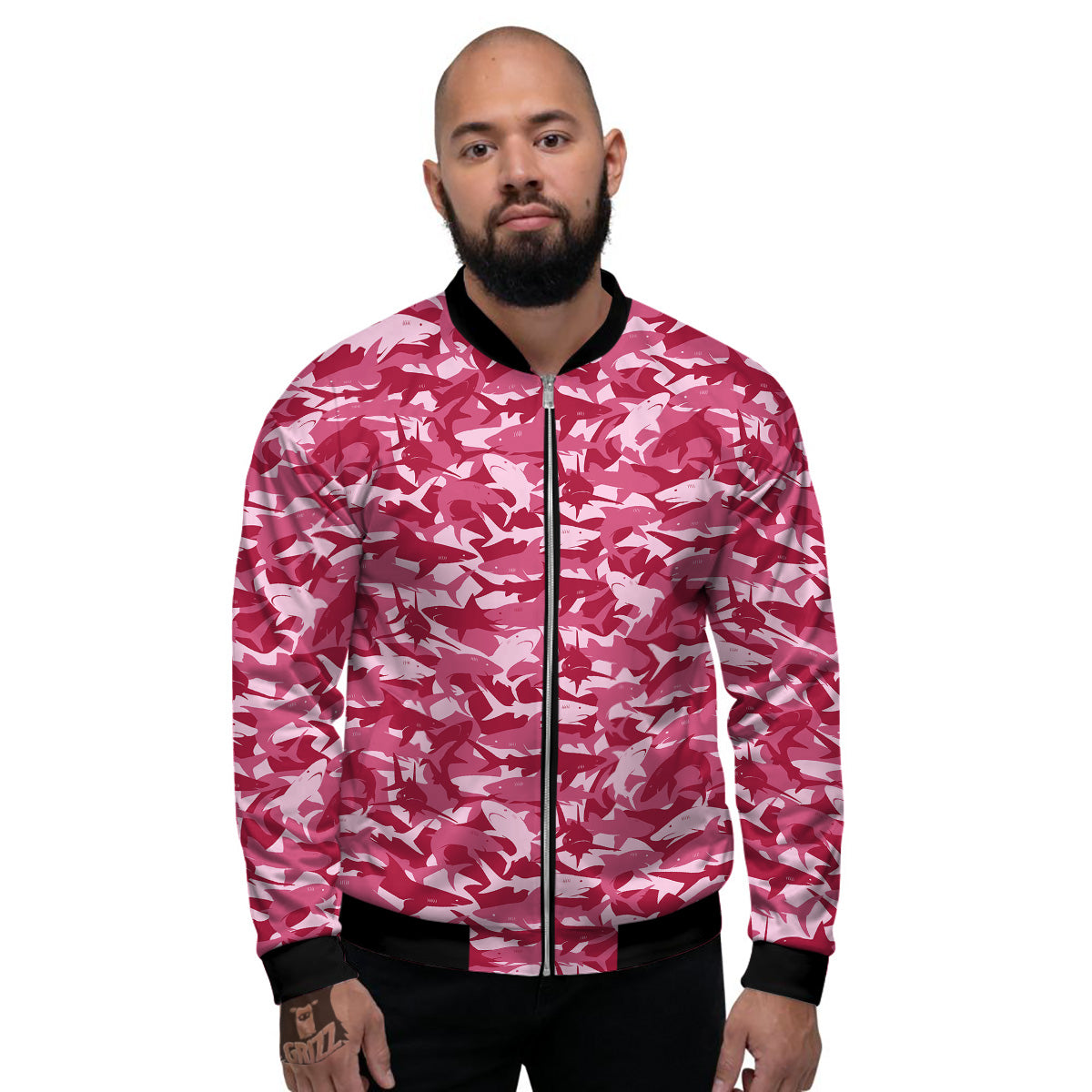 Abstract Pink Shark Camo Print Pattern Men's Bomber Jacket-grizzshop