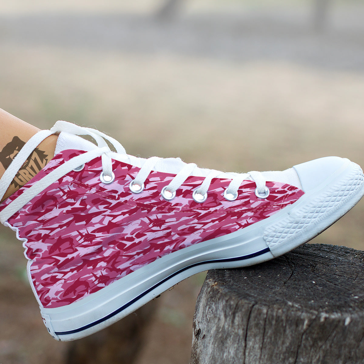 Abstract Pink Shark Camo Print Pattern White High Top Shoes-grizzshop