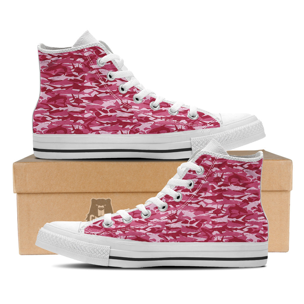 Abstract Pink Shark Camo Print Pattern White High Top Shoes-grizzshop