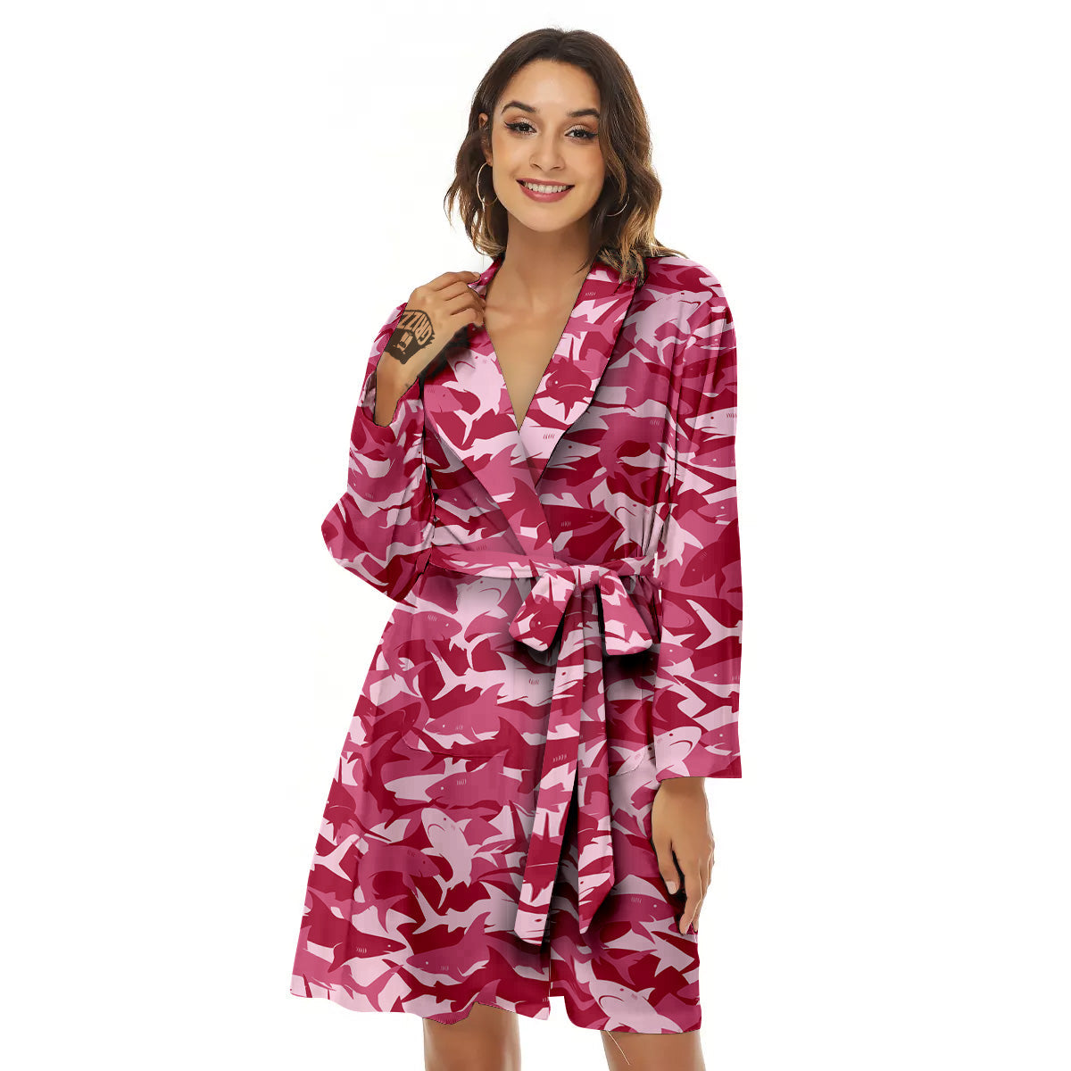 Abstract Pink Shark Camo Print Pattern Women's Robe-grizzshop