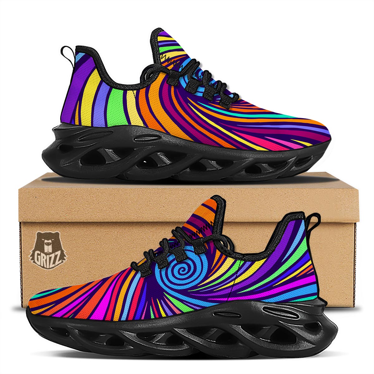 Abstract Psychedelic Colorful Wave Black Running Shoes-grizzshop