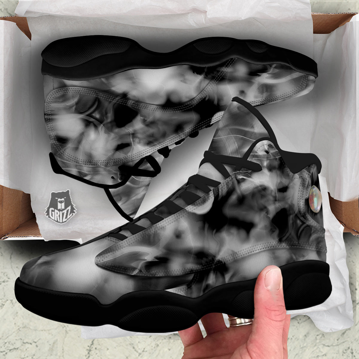 Abstract Psychedelic Liquid Smoke Print Black Basketball Shoes-grizzshop