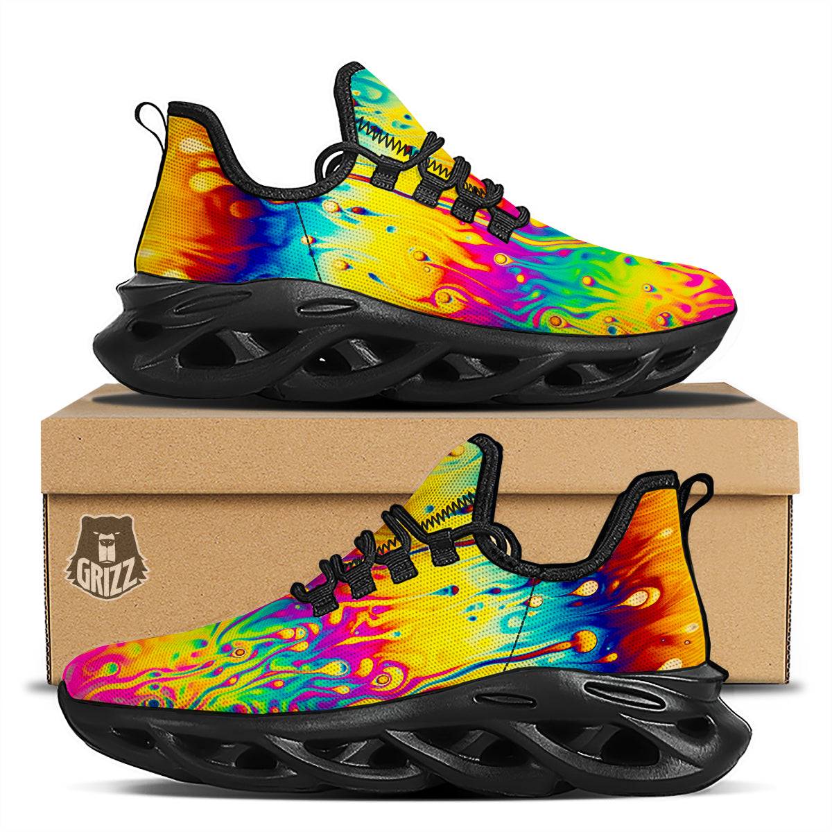 Abstract Psychedelic Rainbow Acid Print Black Running Shoes-grizzshop