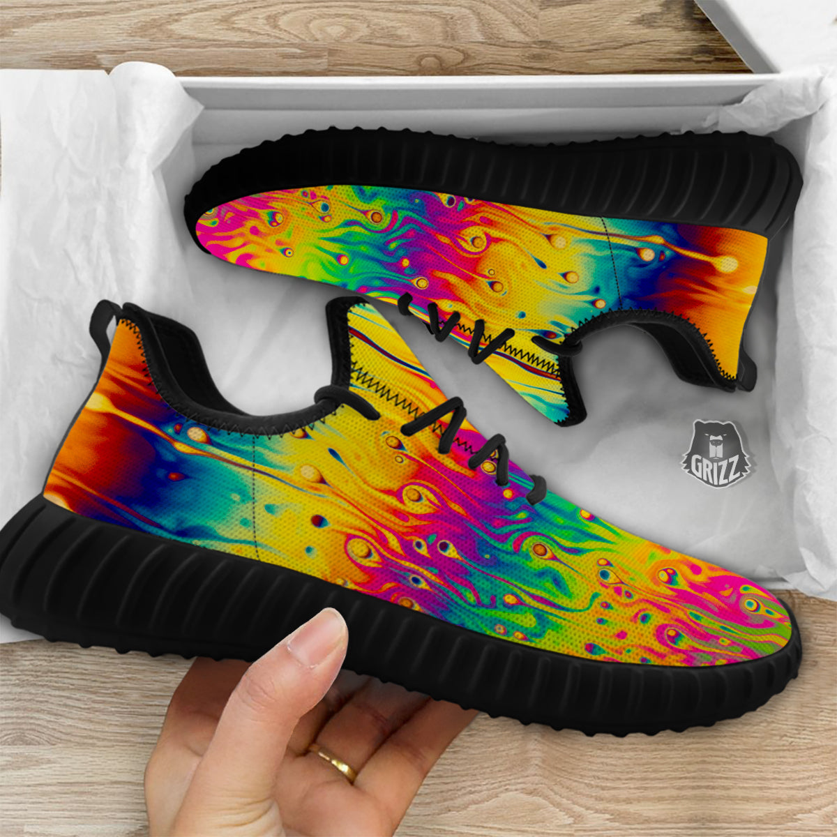 Abstract Psychedelic Rainbow Acid Print Black Walking Shoes-grizzshop