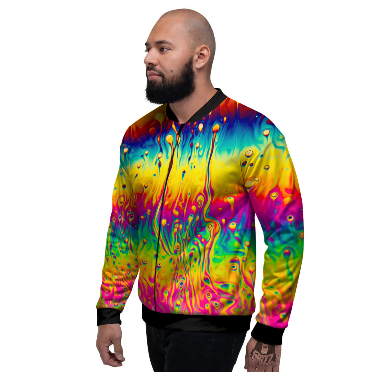 Abstract Psychedelic Rainbow Acid Print Men's Bomber Jacket-grizzshop