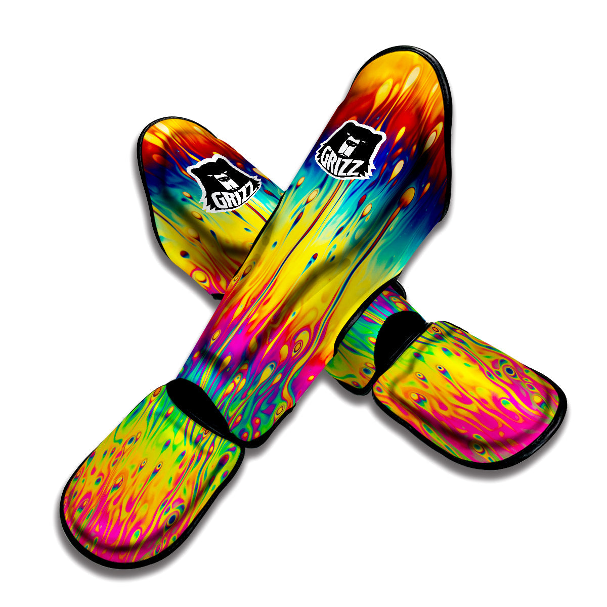 Abstract Psychedelic Rainbow Acid Print Muay Thai Shin Guards-grizzshop