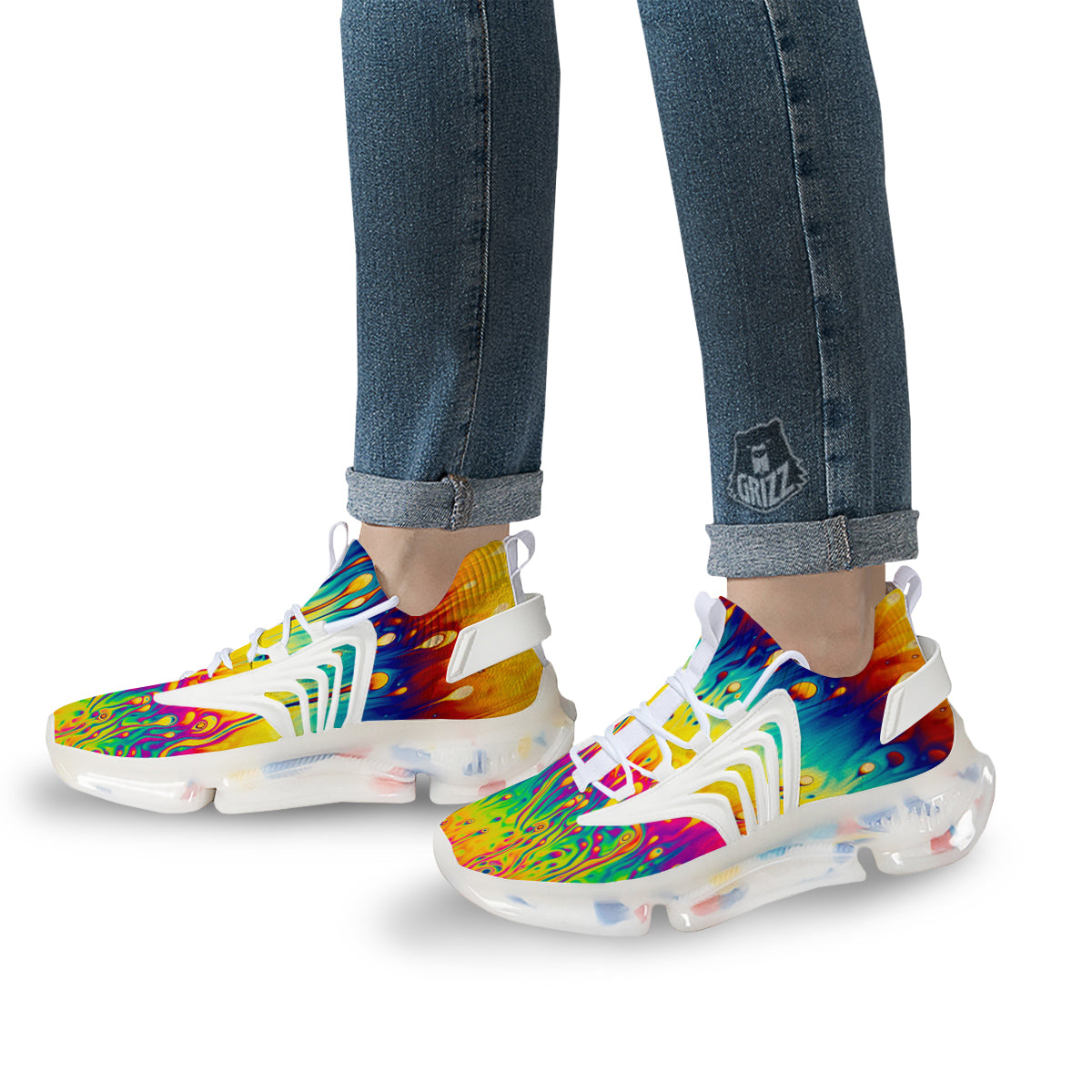 Abstract Psychedelic Rainbow Acid Print White Gym Shoes-grizzshop