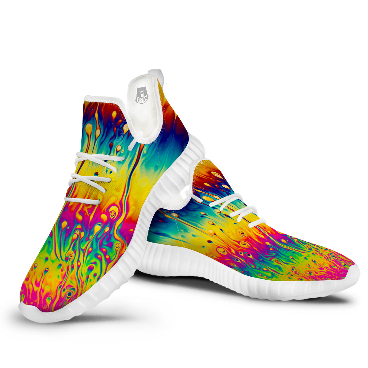 Abstract Psychedelic Rainbow Acid Print White Walking Shoes-grizzshop