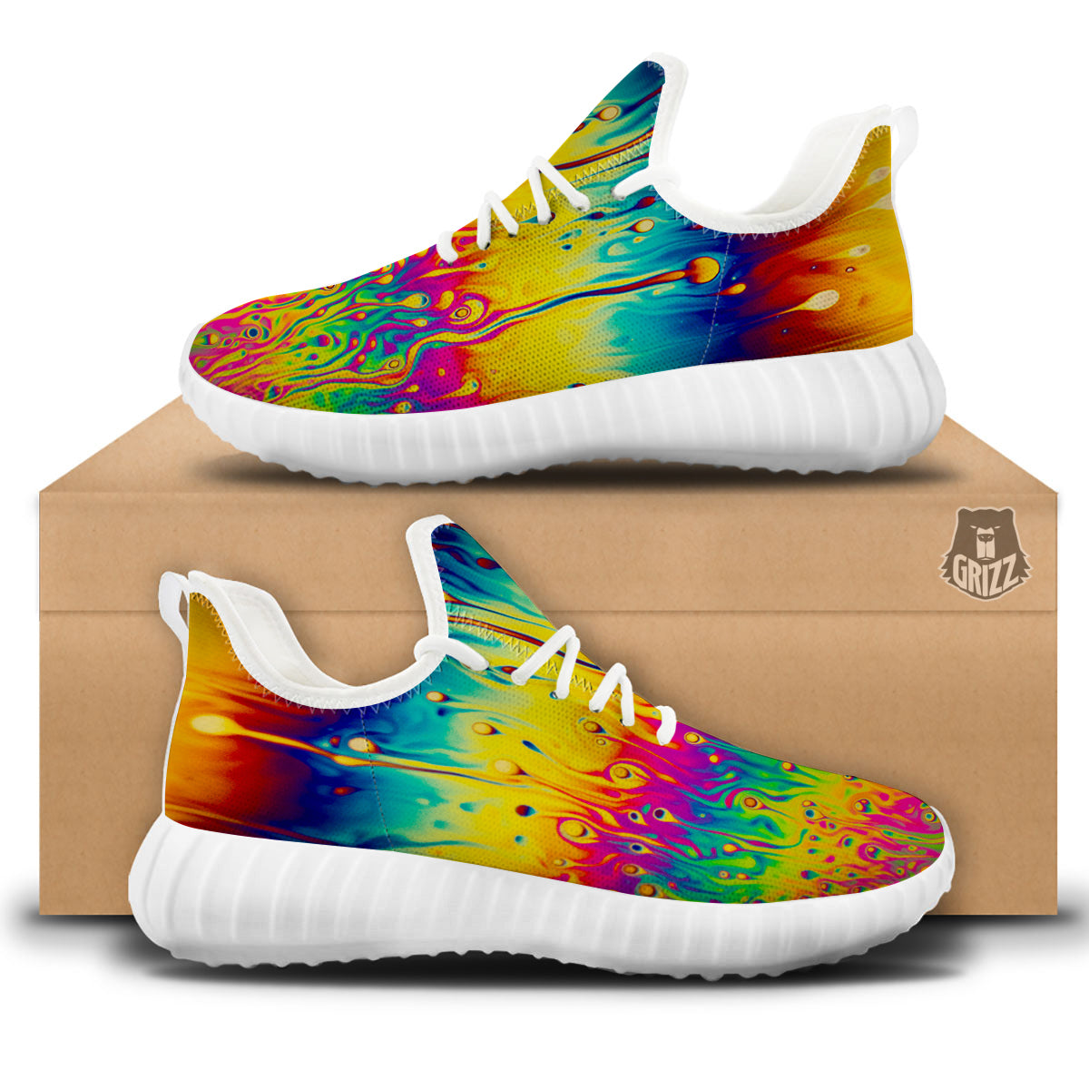 Abstract Psychedelic Rainbow Acid Print White Walking Shoes-grizzshop