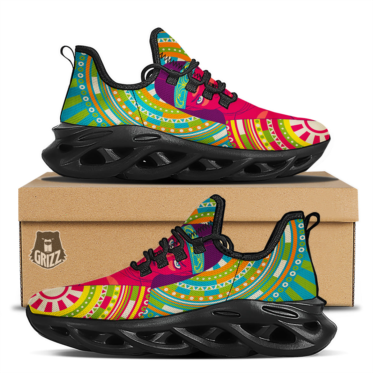 Abstract Psychedelic Women Print Black Running Shoes-grizzshop