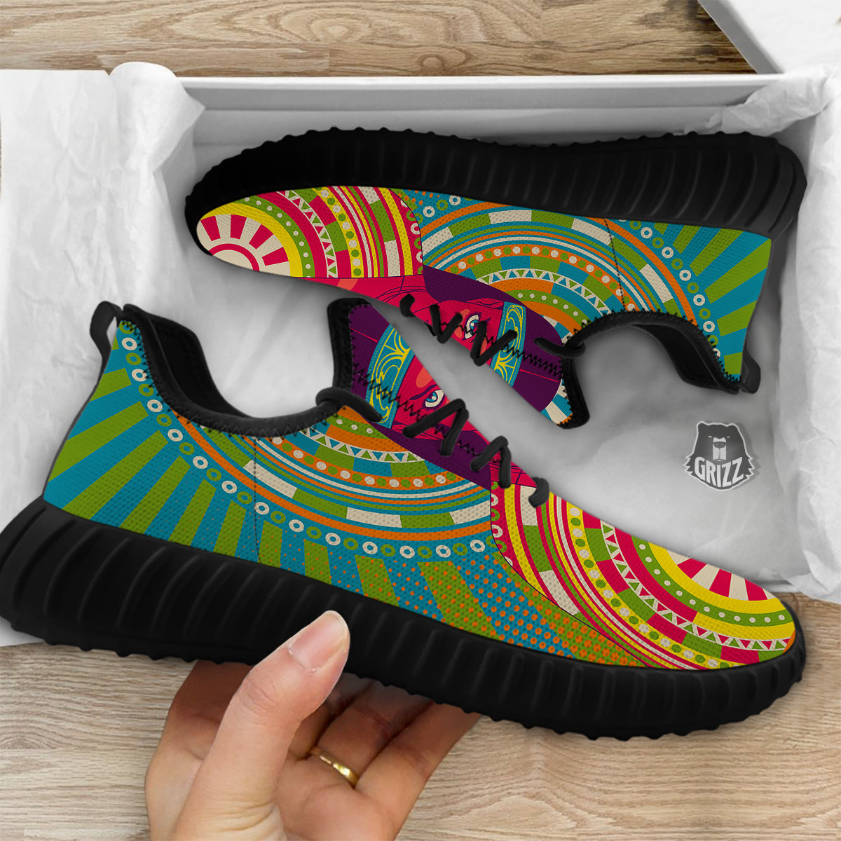 Abstract Psychedelic Women Print Black Walking Shoes-grizzshop