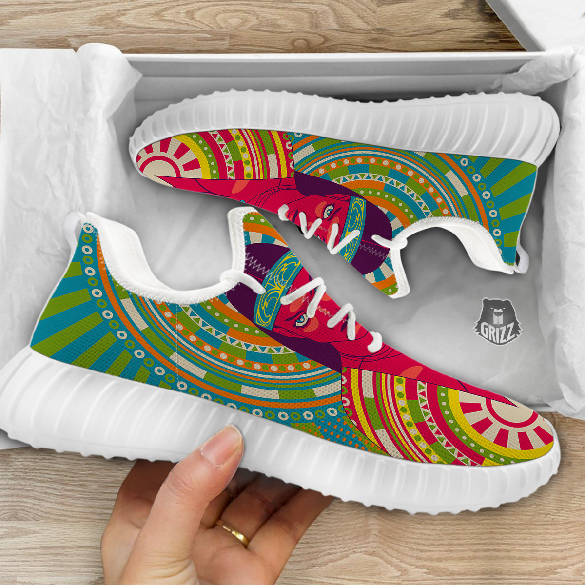 Abstract Psychedelic Women Print White Walking Shoes-grizzshop