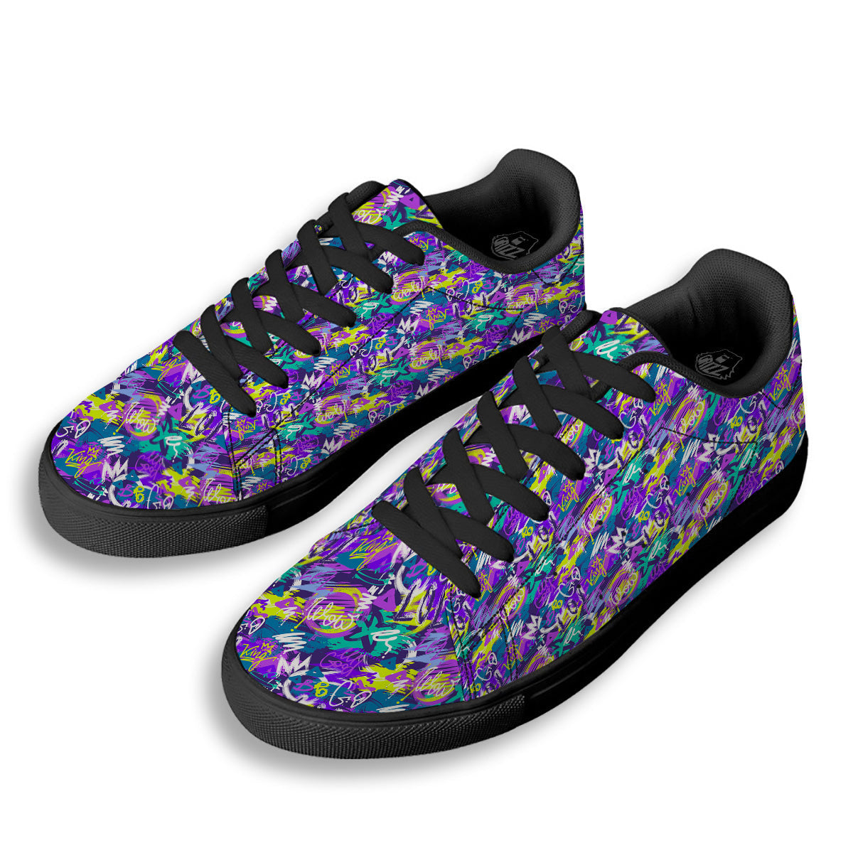 Abstract Purple Graffiti Print Pattern Black Low Top Sneakers-grizzshop