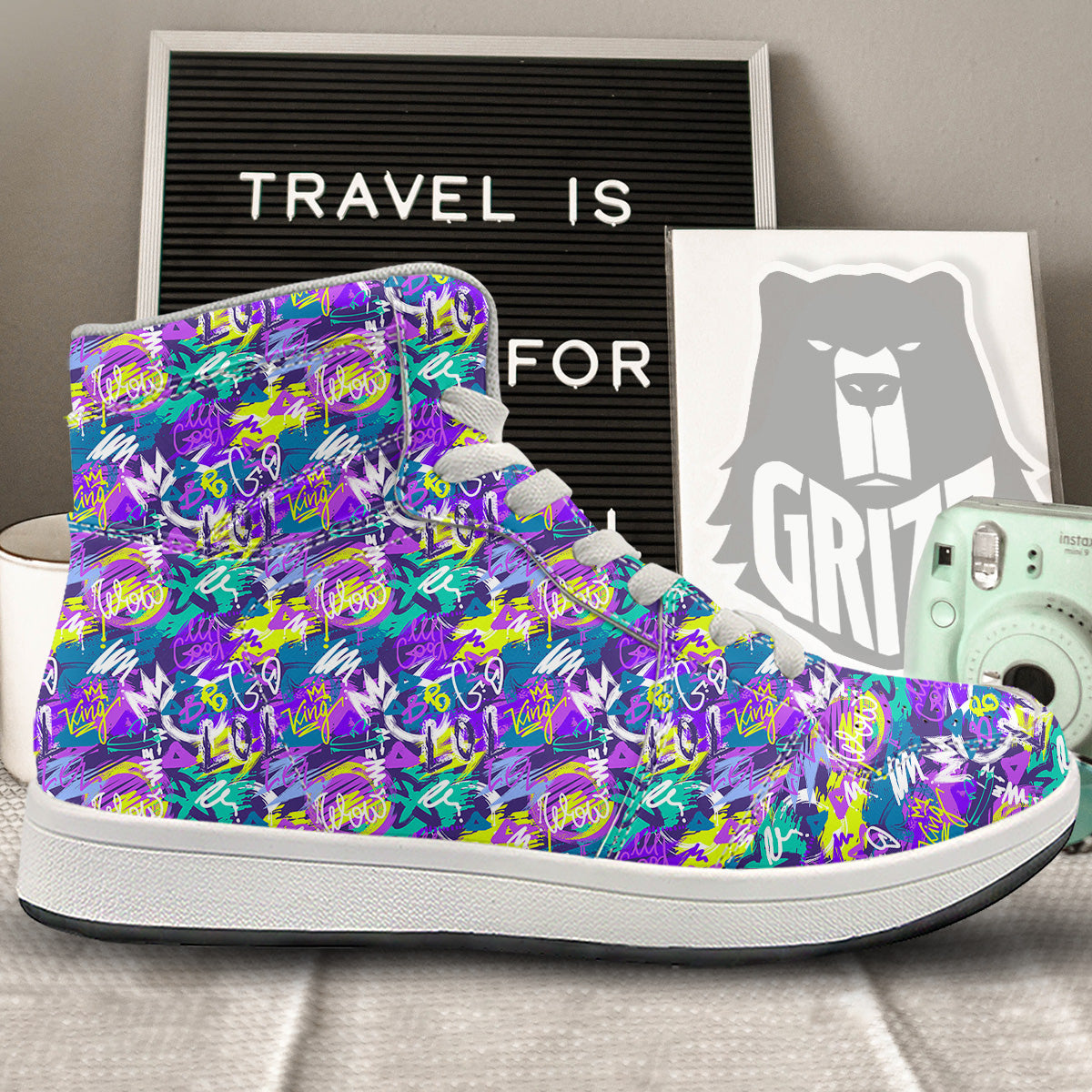 Abstract Purple Graffiti Print Pattern High Top Sneakers-grizzshop