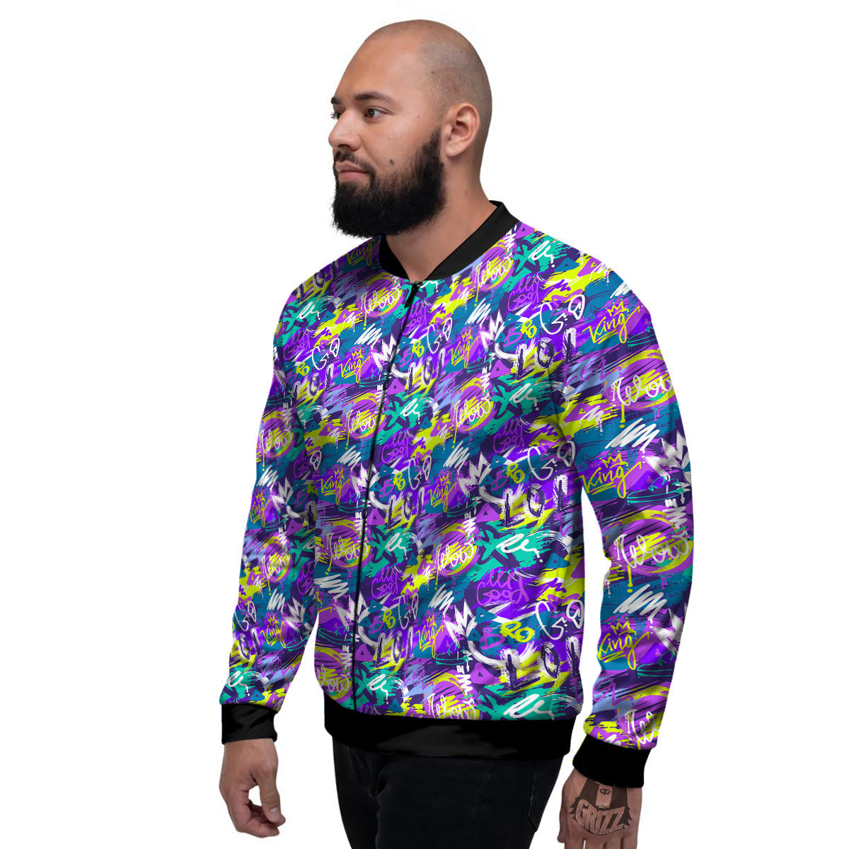 Abstract Purple Graffiti Print Pattern Men's Bomber Jacket-grizzshop