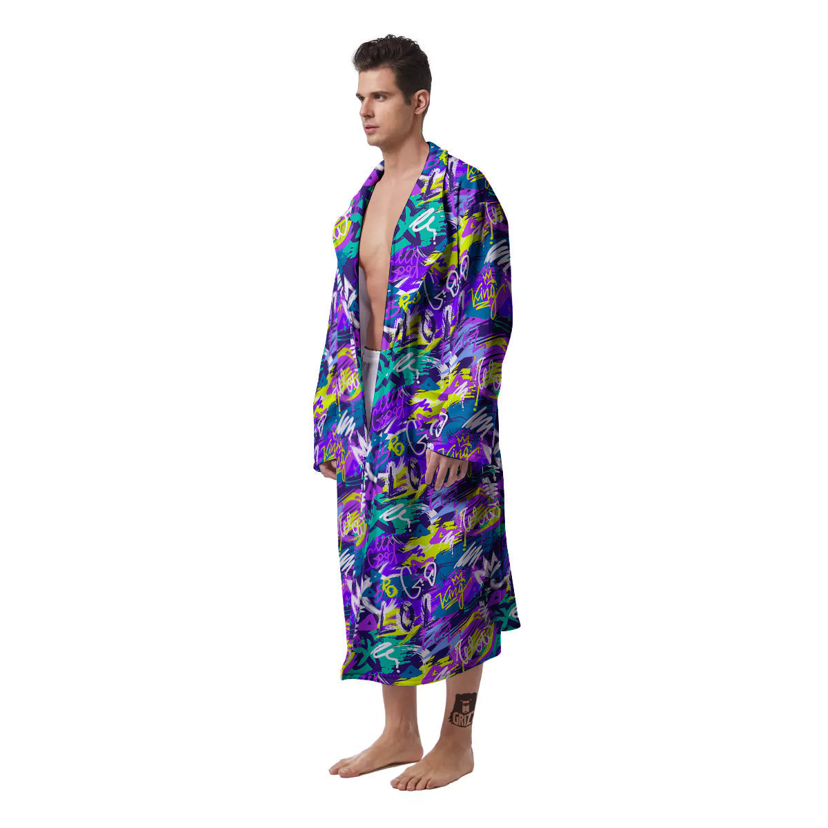 Abstract Purple Graffiti Print Pattern Men's Robe-grizzshop