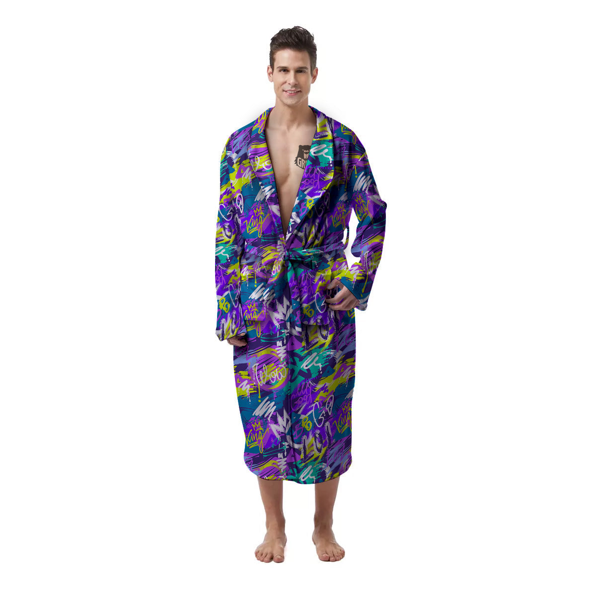Abstract Purple Graffiti Print Pattern Men's Robe-grizzshop