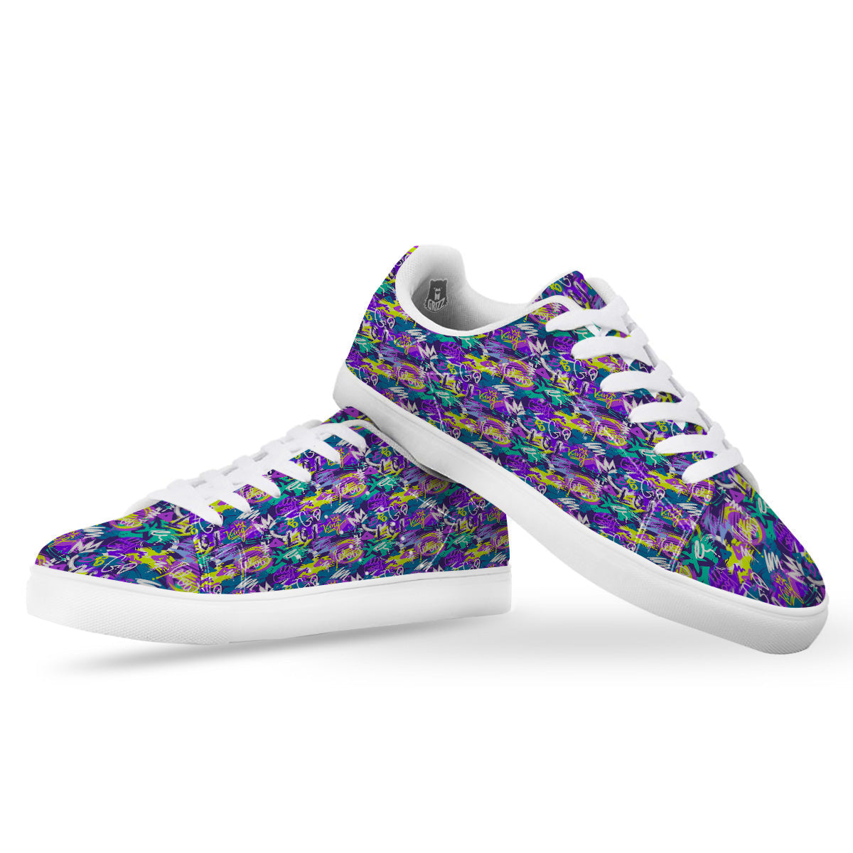 Abstract Purple Graffiti Print Pattern White Low Top Sneakers-grizzshop
