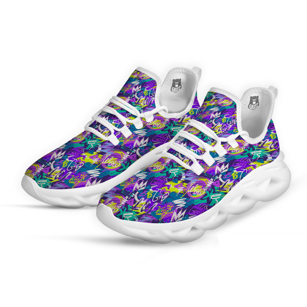 Abstract Purple Graffiti Print Pattern White Running Shoes-grizzshop