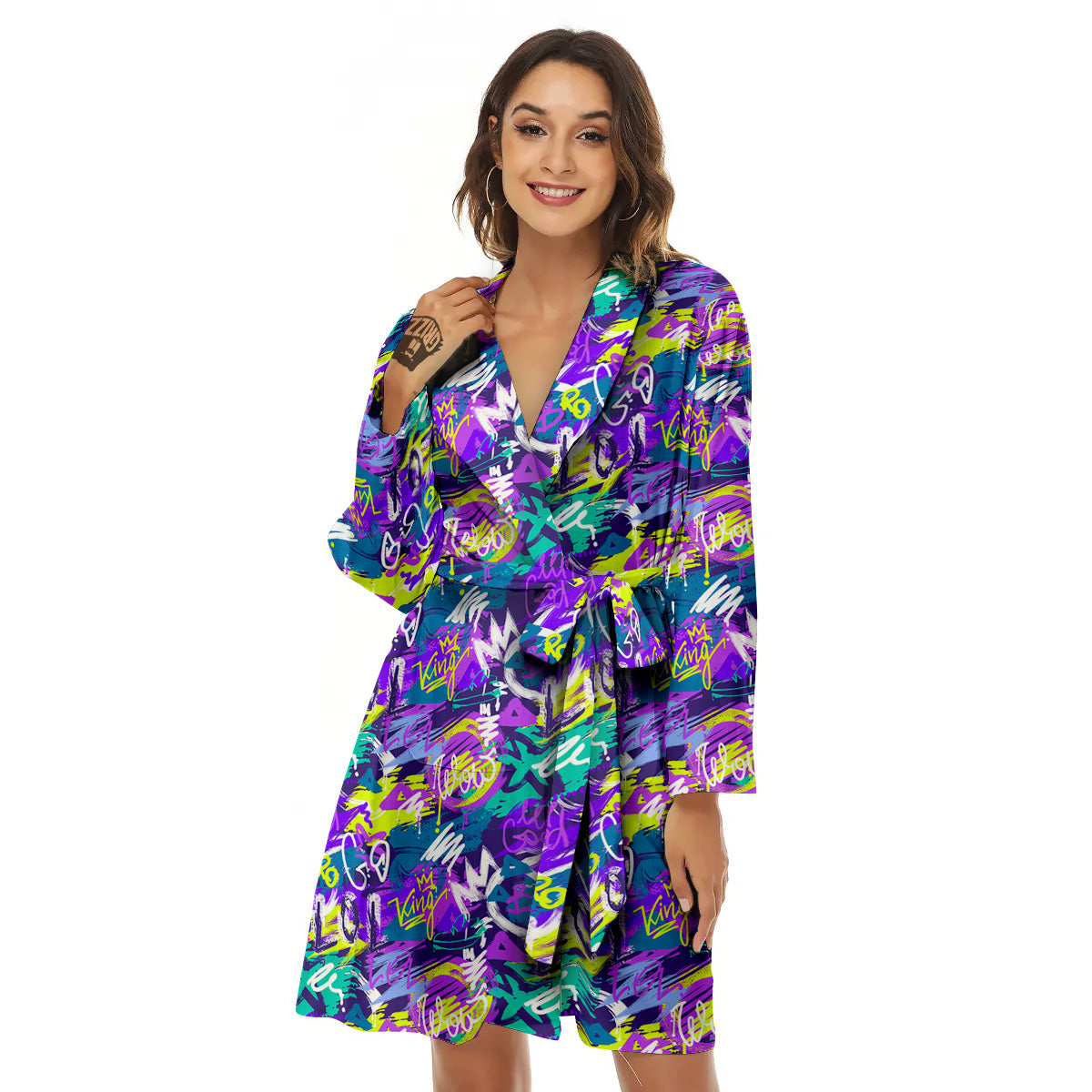 Abstract Purple Graffiti Print Pattern Women's Robe-grizzshop