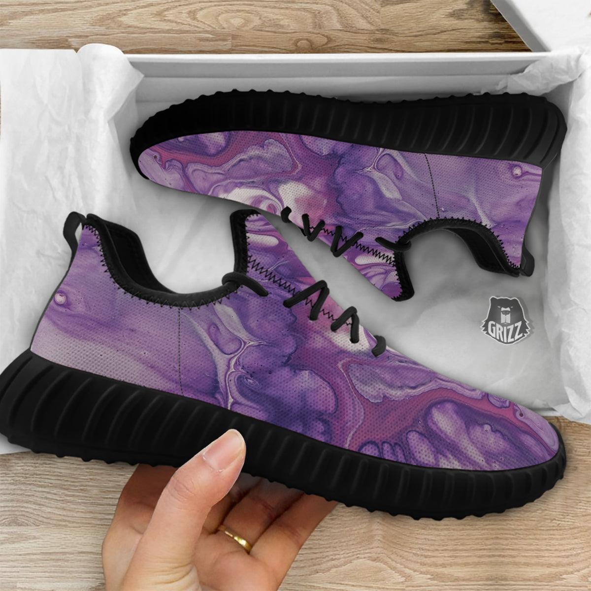 Abstract Purple Liquid Marble Print Black Walking Shoes-grizzshop