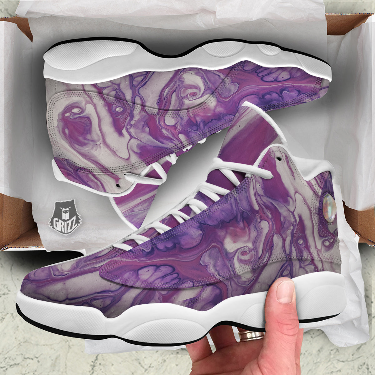 Abstract Purple Liquid Marble Print White Basketball Shoes-grizzshop