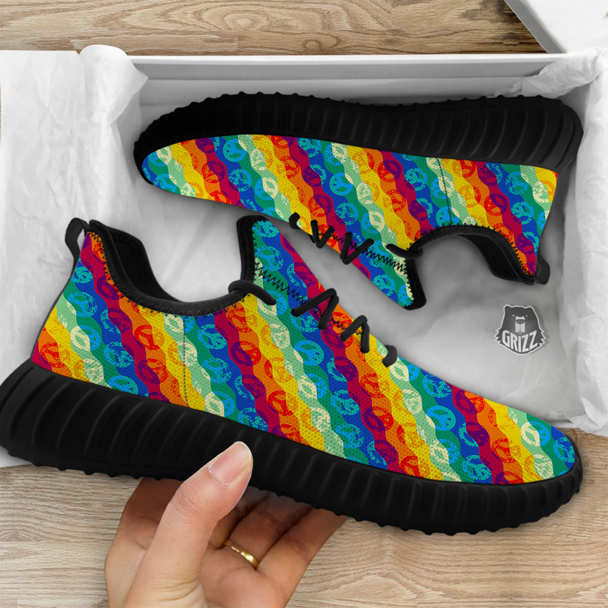 Abstract Rainbow Peace Signs And LGBT Print Pattern Black Walking Shoes-grizzshop