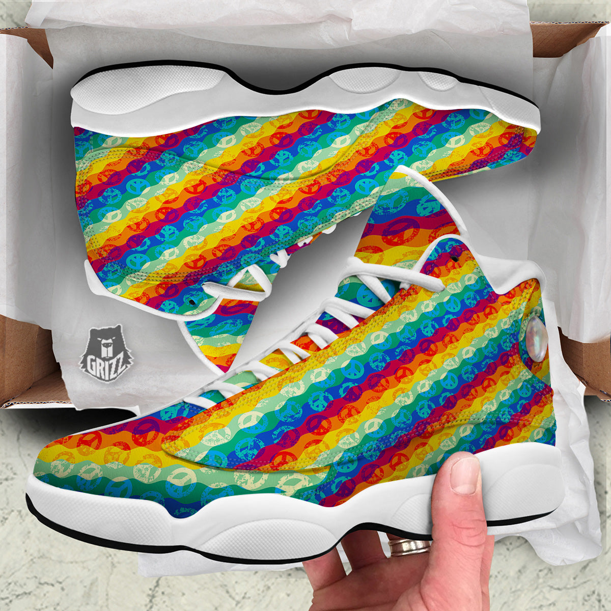 Abstract Rainbow Peace Signs And LGBT Print Pattern White Basketball Shoes-grizzshop