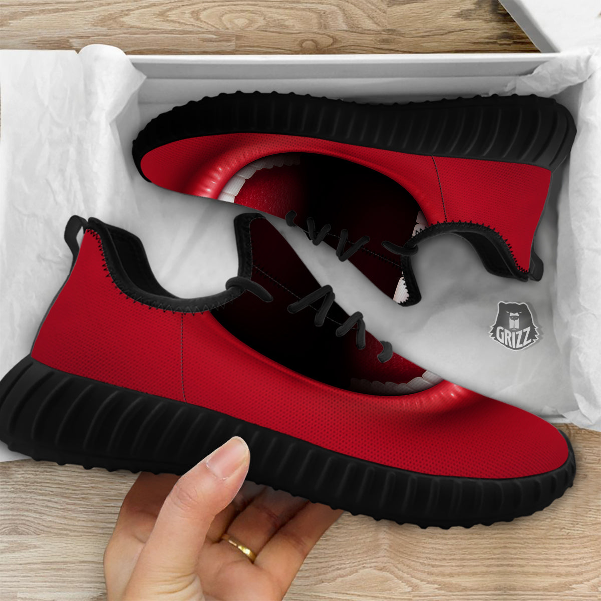 Abstract Scream Red Mouth Print Black Walking Shoes-grizzshop