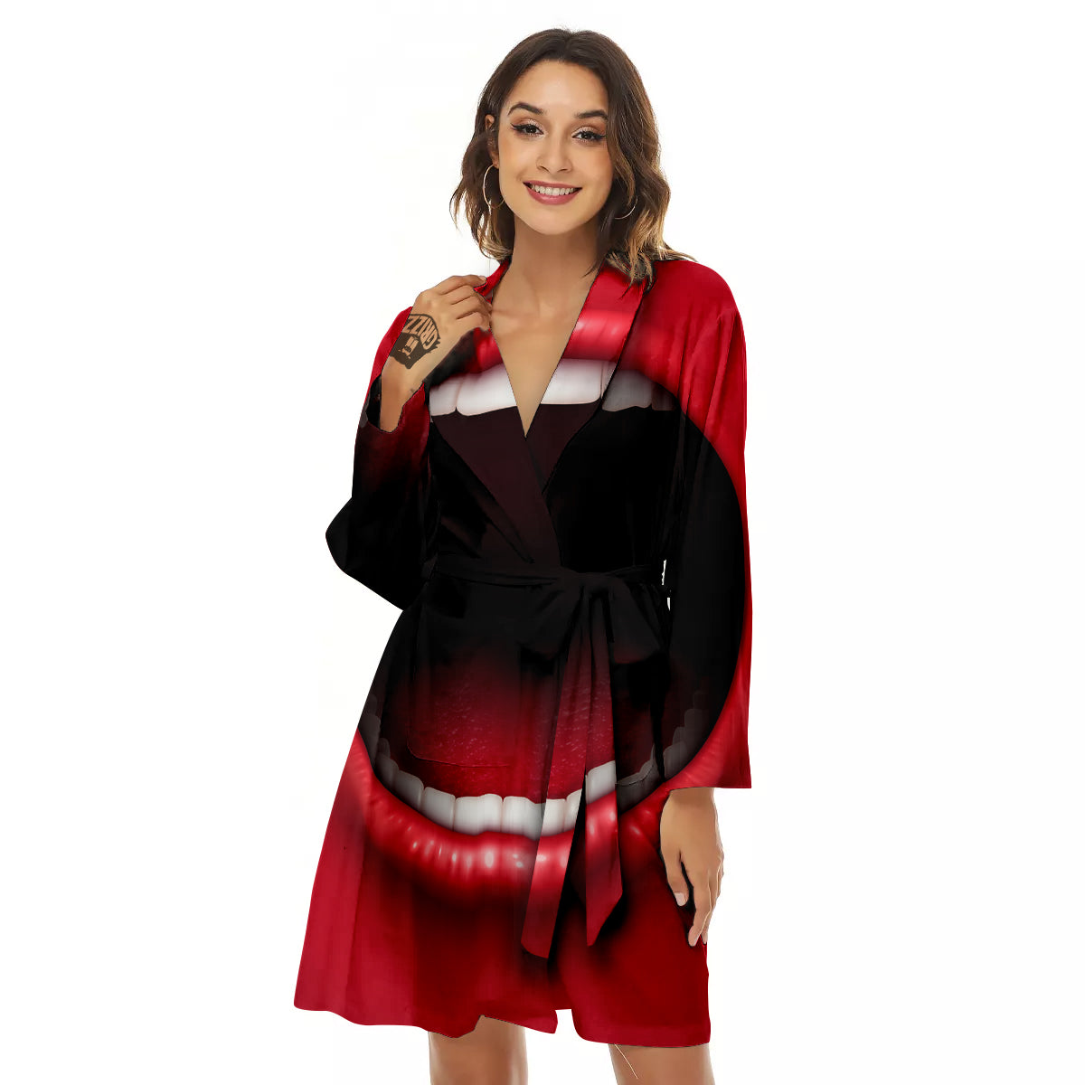 Abstract Scream Red Mouth Print Women's Robe-grizzshop