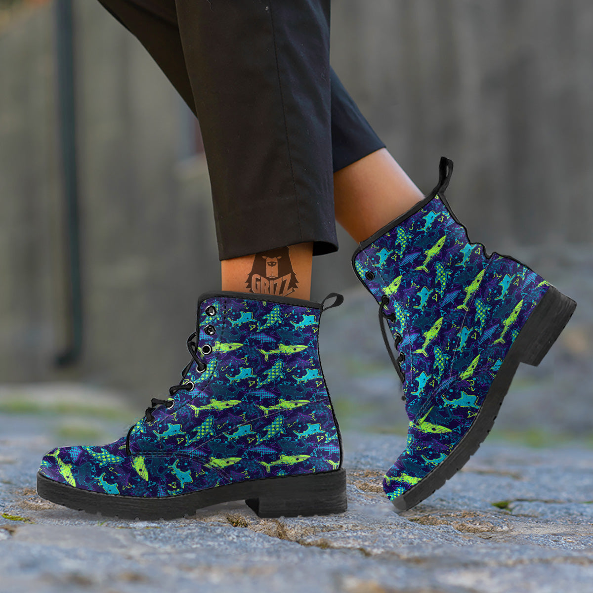 Abstract Shark Print Pattern Leather Boots-grizzshop
