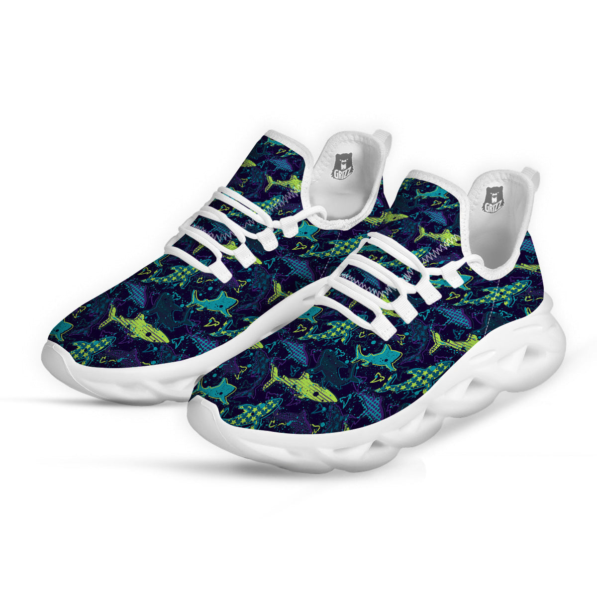 Abstract Shark Print Pattern White Running Shoes-grizzshop