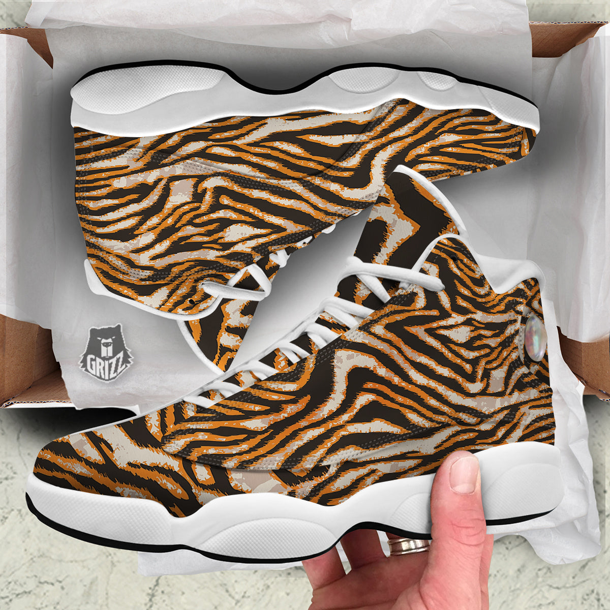 Abstract Tiger Skin Grunge Print White Basketball Shoes-grizzshop