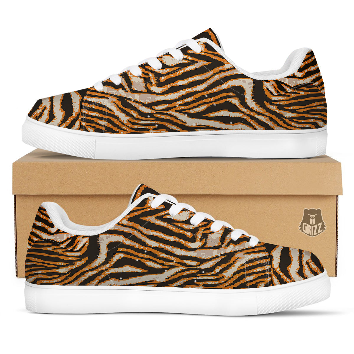 Abstract Tiger Skin Grunge Print White Low Top Sneakers-grizzshop