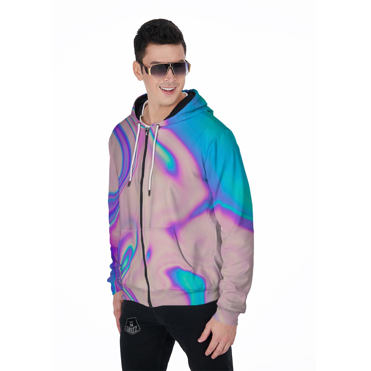 Abstract Trippy Holographic Men's Zip Up Hoodie-grizzshop
