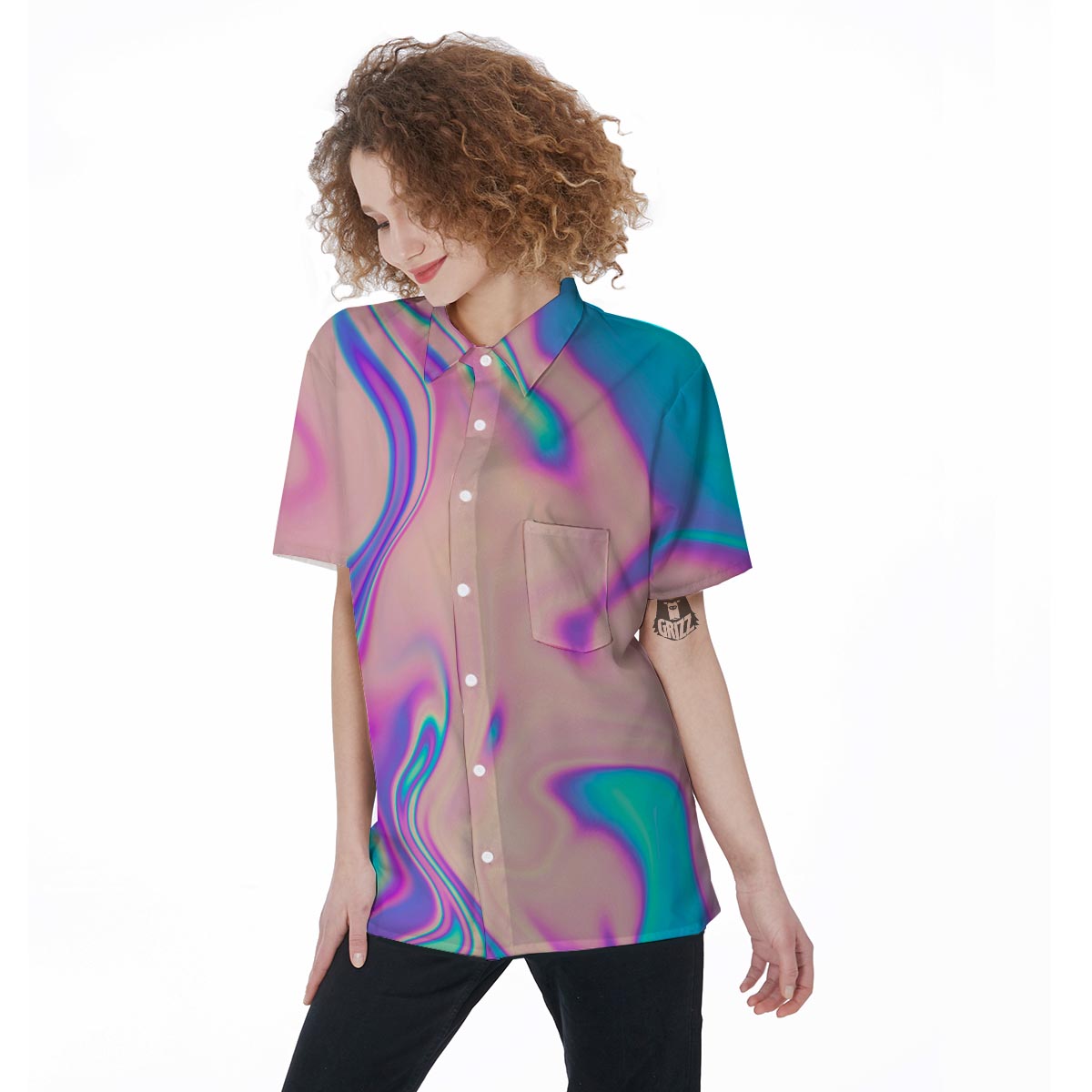Abstract Trippy Holographic Women's Short Sleeve Shirts-grizzshop