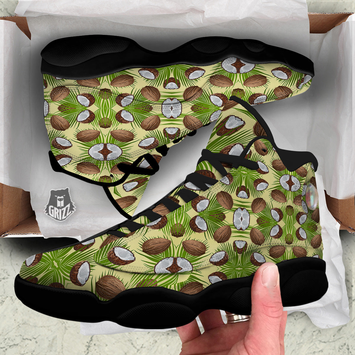 Abstract Tropical Coconut Print Pattern Black Basketball Shoes-grizzshop