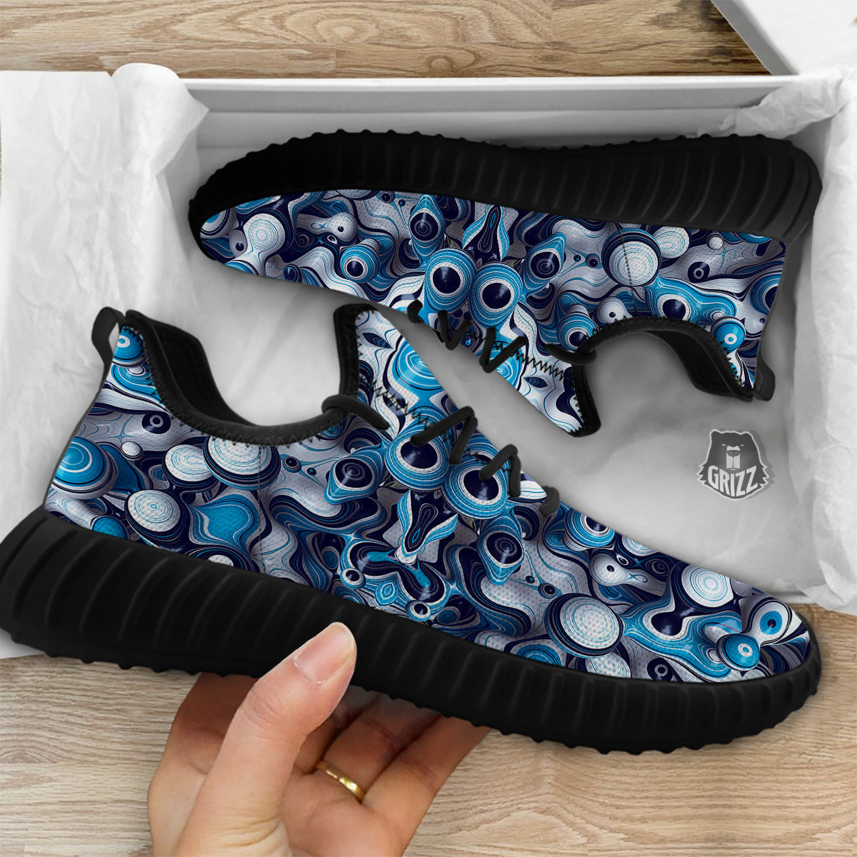 Abstract Wavy Bubbles Blue White Print Pattern Black Walking Shoes-grizzshop