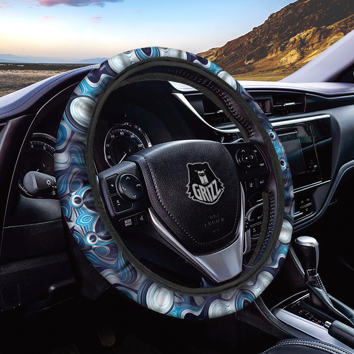 Abstract Wavy Bubbles Blue White Print Pattern Car Steering Wheel Cover-grizzshop